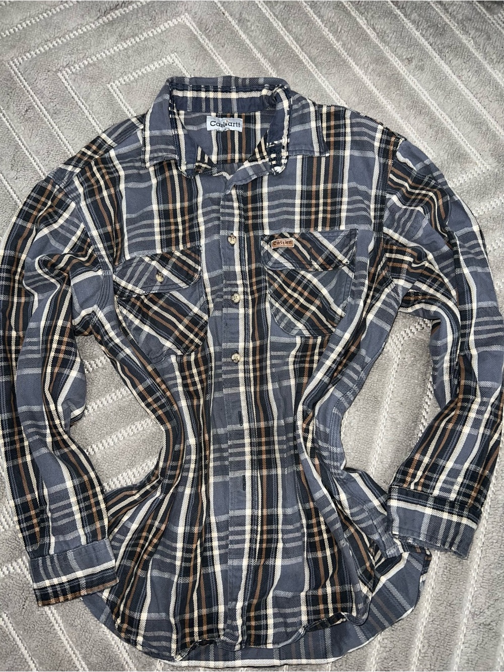 Carhartt Men’s Blue and Brown Plaid Button-Down Shirt